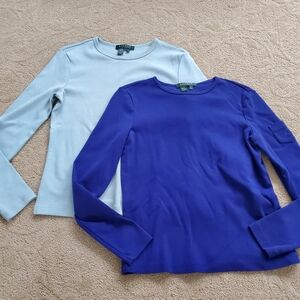 Set Of 2 Ralph Lauren Long Sleeve Tee Shirts Pocket Sleeve Petite Small Blues